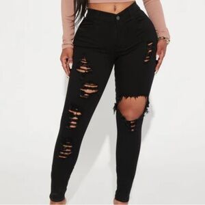Black Distressed Glistening High Stretch Jeans
